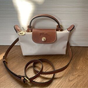 Longchamp Le Pliage Mini Handbag in Paper White with Leather Strap